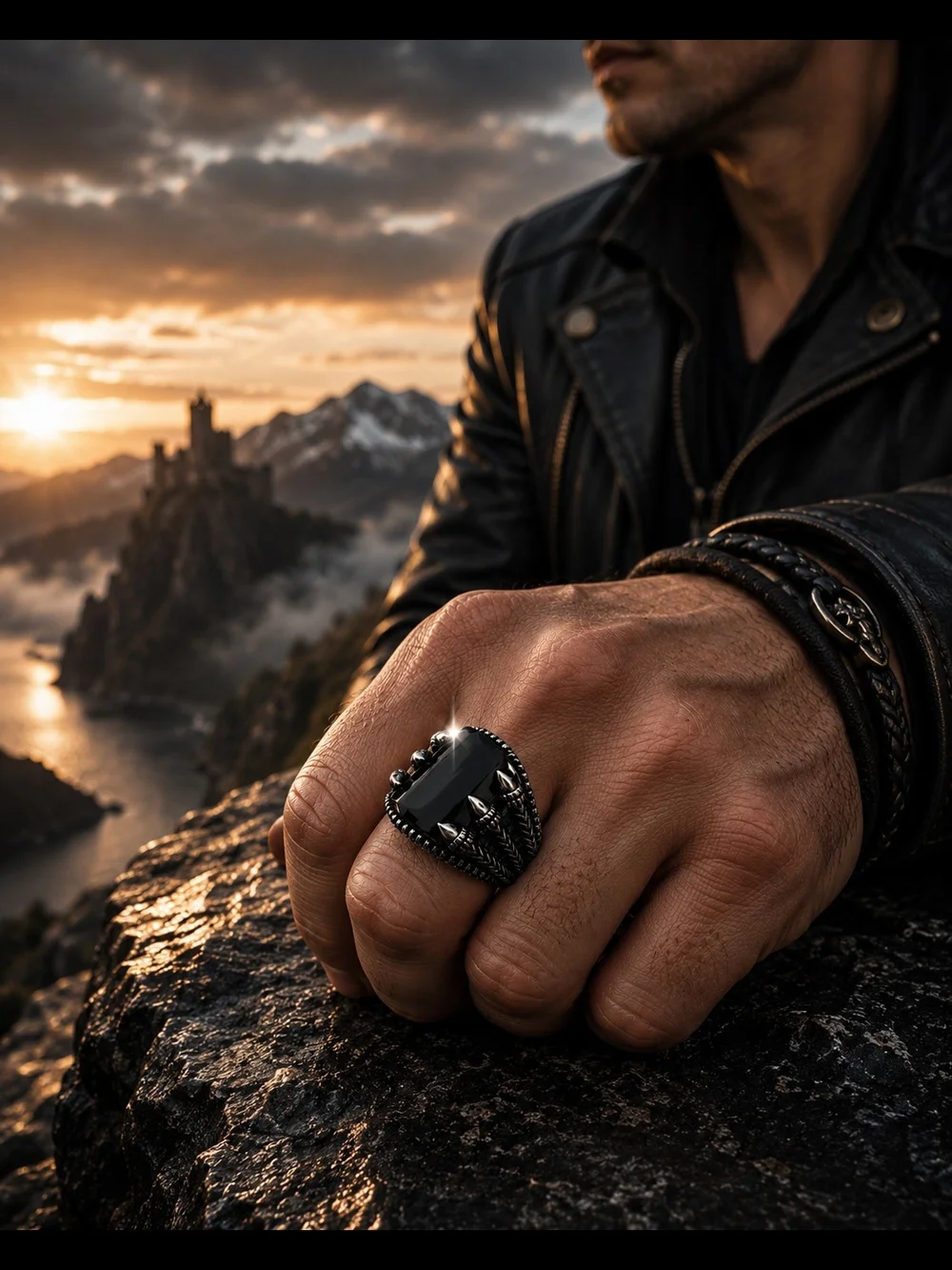 Men's Black Onyx Silver Snake-Accent Statement Ring Size 8